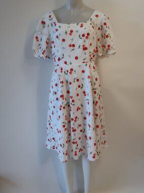 NWT Womens Belle Poque White, Red, Green Cherries Print Short Sleeve Dress L